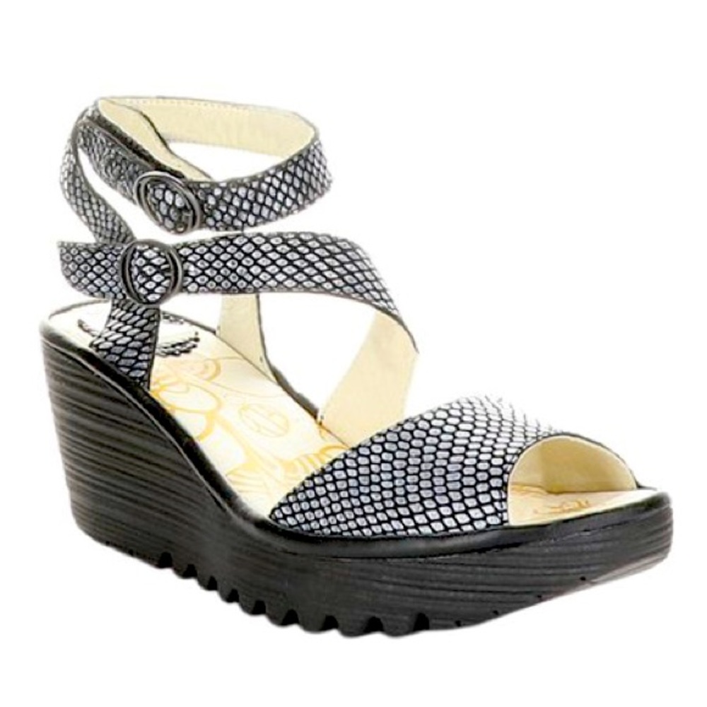 Fly London Black and White Wedge Sandals